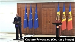 Președintele Consiliului European, Charles Michel, și președinta R. Moldova, Maia Sandu, la Chișinău,-28 martie 2022