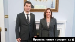 Bulgarian Prime Minister Kiril Petkov (left) meets with U.S. Vice President Kamala Harris in Washington.