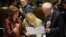 EU High Representative for Foreign Affairs and Security Policy Catherine Ashton, German Chancellor Angela Merkel, and European Council President Herman Van Rompuy (left to right) talk prior to the roundtable meeting in Brussels on June 28.