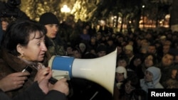 Alla Dzhioyeva addresses supporters in the South Ossetian capital, Tskhinvali, in December 2011.