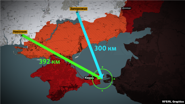 Графика. Расчет полета ракеты «Нептун» з дальностью полета 280 километров. От Николаева до ближайших секций Керченского моста 392 километра, от Запорожья – около 300. Расчет сделан с помощью сервиса Google Earth