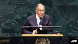 სერგეი ლავროვი, რუსეთის ფედერაციის საგარეო საქმეთა მინისტრი, გაეროს გენერალურ ასამბლეაზე გამოსვლისას. 2026 წლის 26 სექტემბერი, ნიუ იორკი