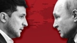 Президент Украины Владимир Зеленский (справа) и российский президент Владимир Путин на фоне Крыма. Фотоколлаж