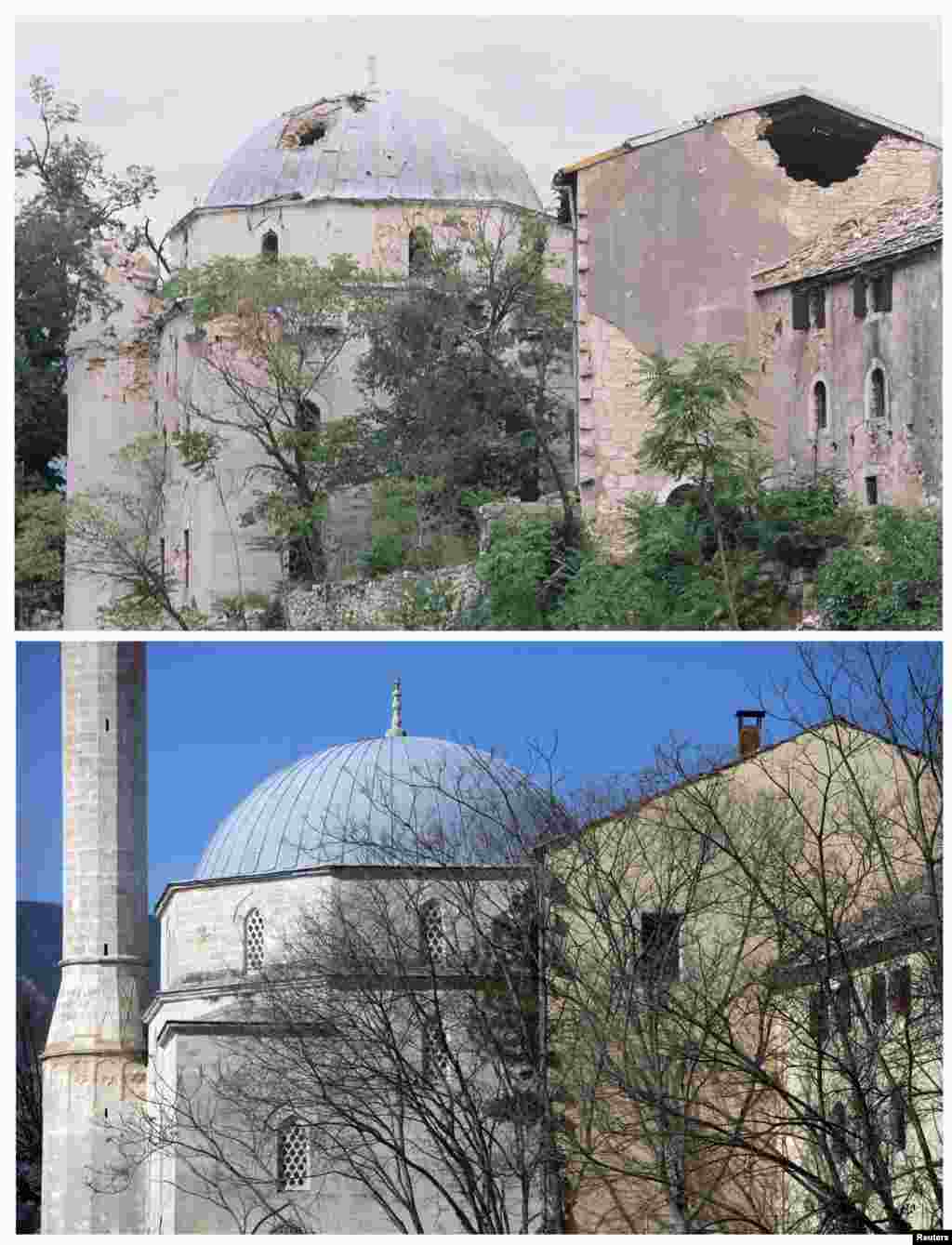 The Mehmed Pasina Mosque in Mostar, heavily damaged in fighting in 1993, and the mosque as it appeared in 2013