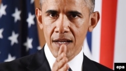 U.K. -- US President Barack Obama during a press conference with British Prime Minister David Cameron (not pictured) at the Foreign Office in London, Britain, 22 April 2016.