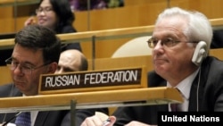 U.S. -- Russian Ambassador to the UN Vitaly Churkin listens during the General Assembly’s meeting to consider a draft resolution on the situation in Syria, New York, 16Feb2012