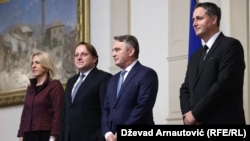 Komisionari për Zgjerim, Oliver Varhelyi, gjatë takimit me anëtarët e presidencës së Bosnjë e Hercegovinës. 