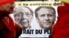 Плакат с лицата на френския премиер Елизабет Борн и президента Еманюел Макрон. На преден план хора протестират срещу пенсионната реформа в деня, в който френското правителство представи пенсионната си реформа. Рен, Франция, 10 януари 2023 г.