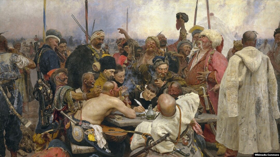 Kozakët e Zaporizhjas duke i shkruar një letër tallëse sulltanit turk. Pikturuar nga Ilya Repin, 1880-91.