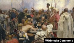 A zaporizzsjai kozákok gúnyos levelet írnak a török szultánnak, Ilja Repin festménye, 1880–91. A kozák felmenőkkel rendelkező Repin a mai Ukrajna területén született, de – a történelemfelfogásról szóló vitára utal, hogy az Orosz Birodalom polgáraként – nem világos, hogy ukránnak tekintette-e magát