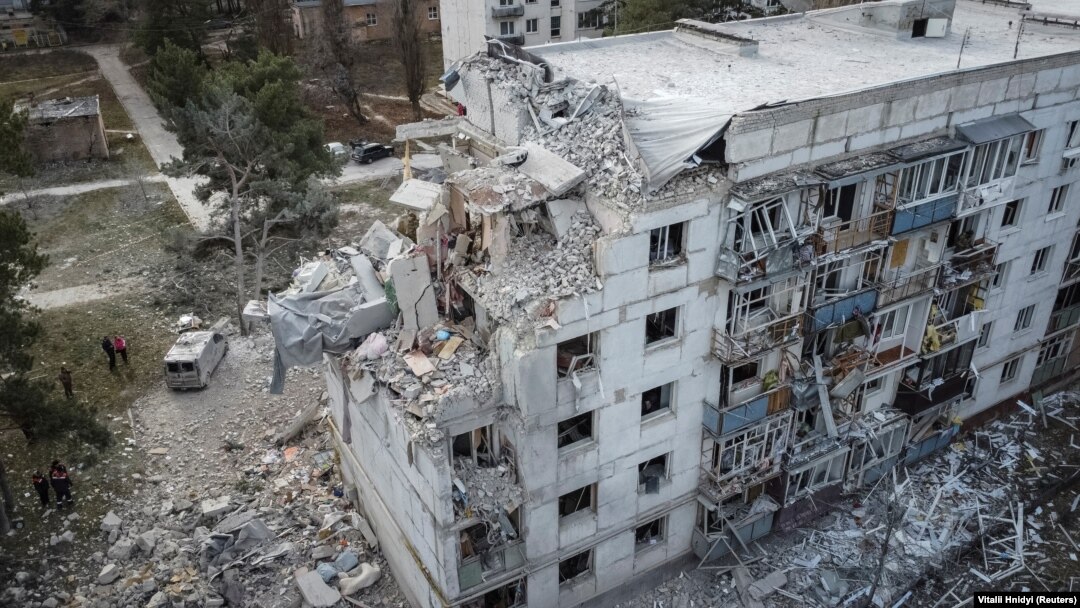 A residential building damaged by a Russian missile strike near the town of Chuhuiv in Ukraine's Kharkiv region on December 2.