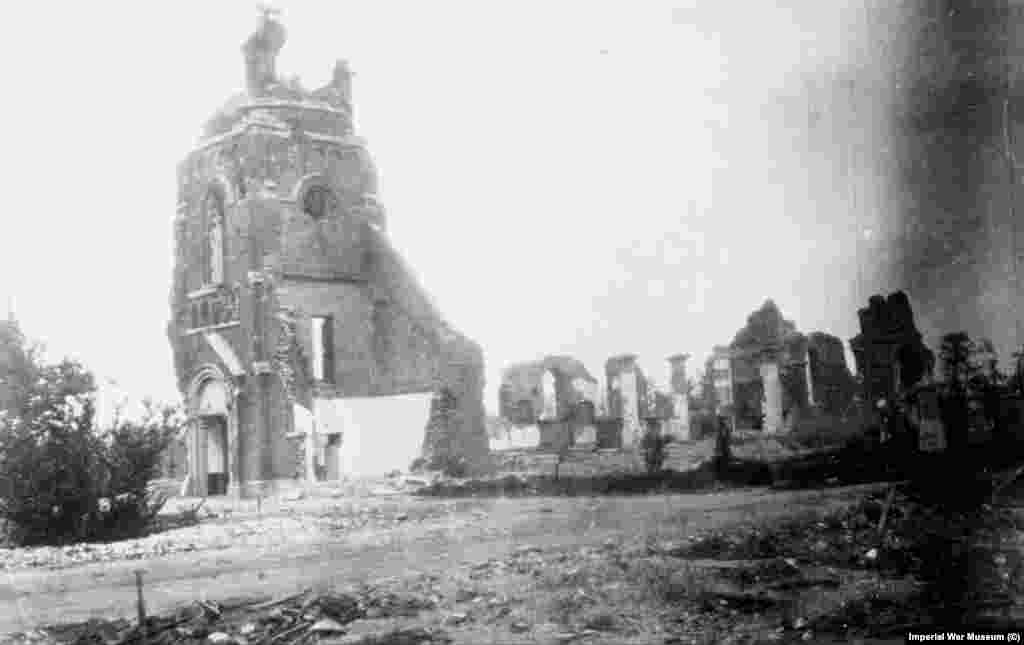 The ruins of a church near Ypres, Belgium, in March 1916.&nbsp;