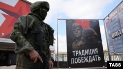 A mobile recruitment office for contract soldiers in Rostov-On-Don, Russia