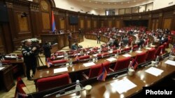 Armenia - Karabakh flags are placed on the seats of opposition members of the Armenian parliament, Yerevan, December 16, 2022.