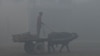 A Pakistani farmer rides cart pulled by a water buffalo along a street amid heavy smog conditions in Lahore. (file photo)