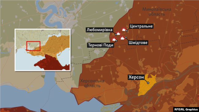 Мапа. Район боїв на Миколаївщині: Любомирівка, Тернові Поди, Шмідтове