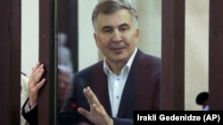 Former Georgian President Mikheil Saakashvili is seen during a court hearing in Tbilisi on December 2, 2021.