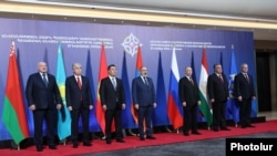 The leaders of CSTO members Belarus (left to right), Kazakhstan, Kyrgyzstan, Armenia, Russia, and Tajikistan pose for a family photo in Yerevan on November 23.
