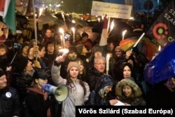 Hungarian high-school students rally outside the headquarters of MTVA, the state media company, on December 9, 2022. They wanted to speak on one of the programs on Hungarian television, but authorities did not let them in.