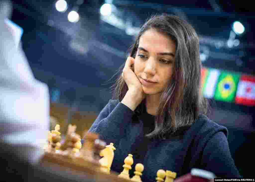 Iranian chess player Sara Khadem competes without wearing a head scarf in the FIDE World Rapid and Blitz Chess Championships in Almaty, Kazakhstan, on December 26.