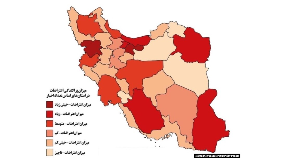 نقشه پراکندگی اعتراضات در استانها، چاپشده در روزنامه اعتماد