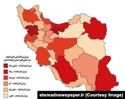 نقشه پراکندگی اعتراضات در استان‌ها، چاپ‌شده در روزنامه اعتماد