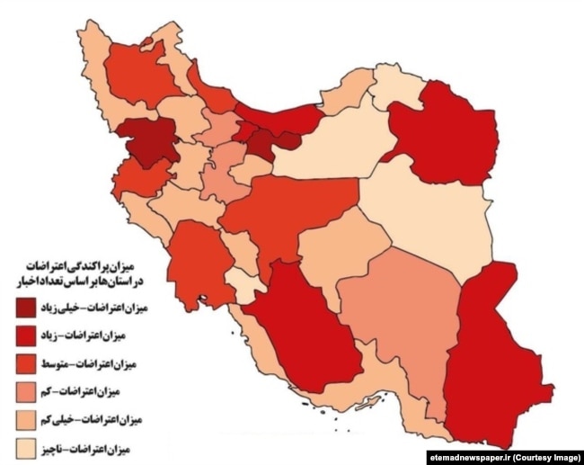 نقشه پراکندگی اعتراضات در استان‌ها، چاپ‌شده در روزنامه اعتماد