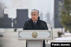 Kazakh President Qasym-Zhomart Toqaev speaks at an opening of a memorial to victims of the January events in Almaty in December 2022.