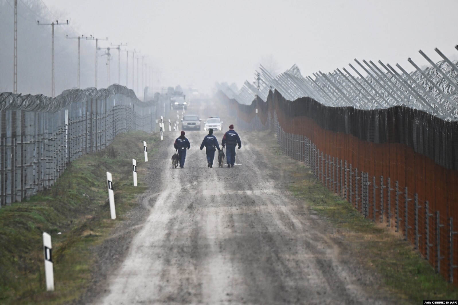 Policët kufitarë hungarezë me qen duke patrulluar përgjatë një gardhi me tela gjemborë të pajisur me kamera termike në kufirin me Serbinë, 15 dhjetor 2022.