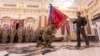 Ukrainian President Volodymyr Zelenskiy attends an award ceremony of a battle banner to an army brigade on the Day of the Ukrainian Armed Forces in Kyiv on December 6.