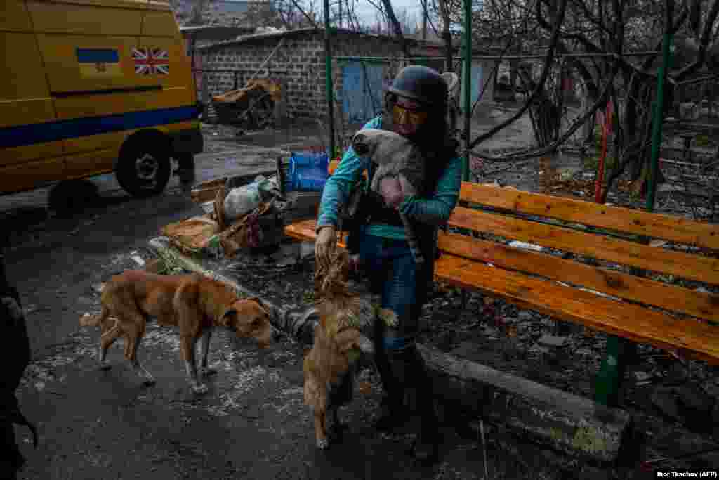 Zara, a British volunteer, plays with dogs and cats while delivering humanitarian aid to residents of Bakhmut, Donetsk region, on December 8.