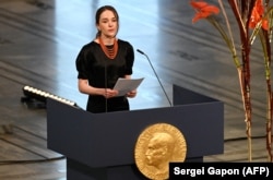 Олександра Матвійчук, голова українського «Центру громадянських свобод», виступає під час церемонії вручення її організації Нобелівської премії миру. Осло, Норвегія, 10 грудня 2022 року