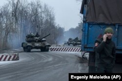 Ukrainian tanks move along the front line in the Donetsk region, Ukraine, Thursday, January 12, 2023