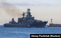The Moskva in the harbor at Sevastopol after tracking NATO warships in the Black Sea on November 16.