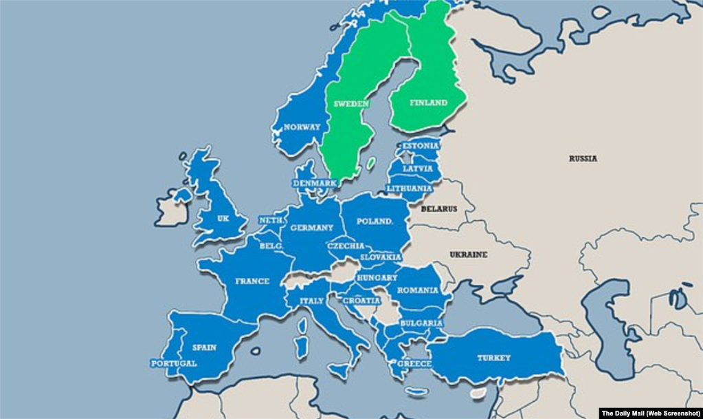 Швеція та Фінляндія на карті Європи, де синім позначені європейські члени НАТО
