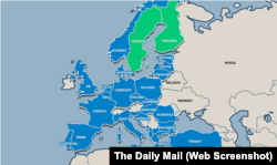 Финска и Шведска на картата на Европа со европските членки на НАТО (означени со сино)
