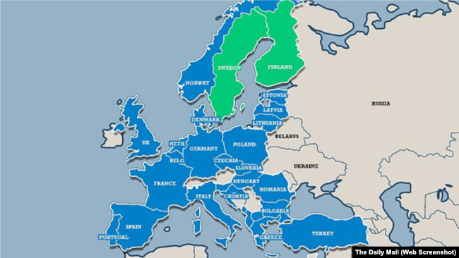 Suedia dhe Finlanda (me të gjelbër) në hartën e Evropës.