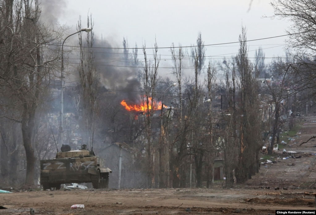 An armored vehicle of pro-Russian troops is seen in a street in the southern port city of Mariupol on April 11.