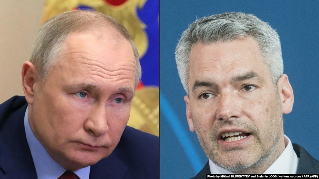 Russian President Vladimir Putin (left) and Austrian Chancellor Karl Nehammer (composite file photo)