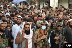 Demonstrators take part in a protest against Pakistani air strikes in Afghanistan's Khost Province on April 16.