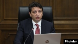Armenia - Finance Minister Vahe Hovannisian speaks at a meeting in the Armenian parliament, Yerevan, June 4, 2025.
