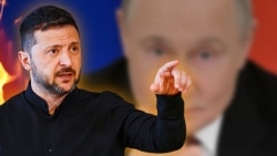 Ukrainian President Volodymyr Zelenskyy (forefront) and Russian President Vladimir Putin (background). Illustrative photo.