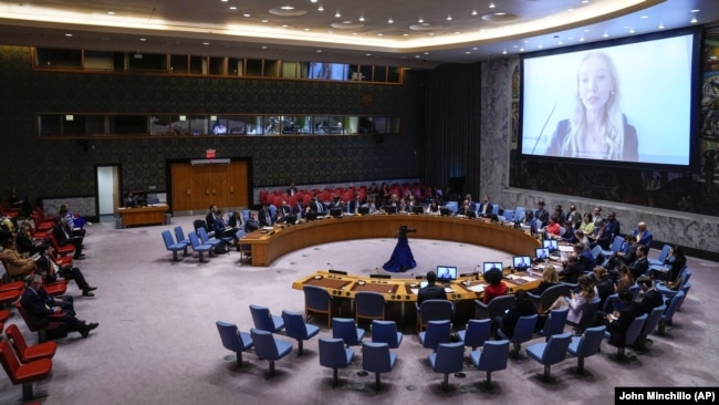 Архівна світлина. Катерина Рашевська, правозахисниця та юристка Регіонального центру прав людини (RCHR), під час виступу на засіданні Ради безпеки ООН, присвяченого Україні. Нью-Йорк, 24 серпня 2023 року