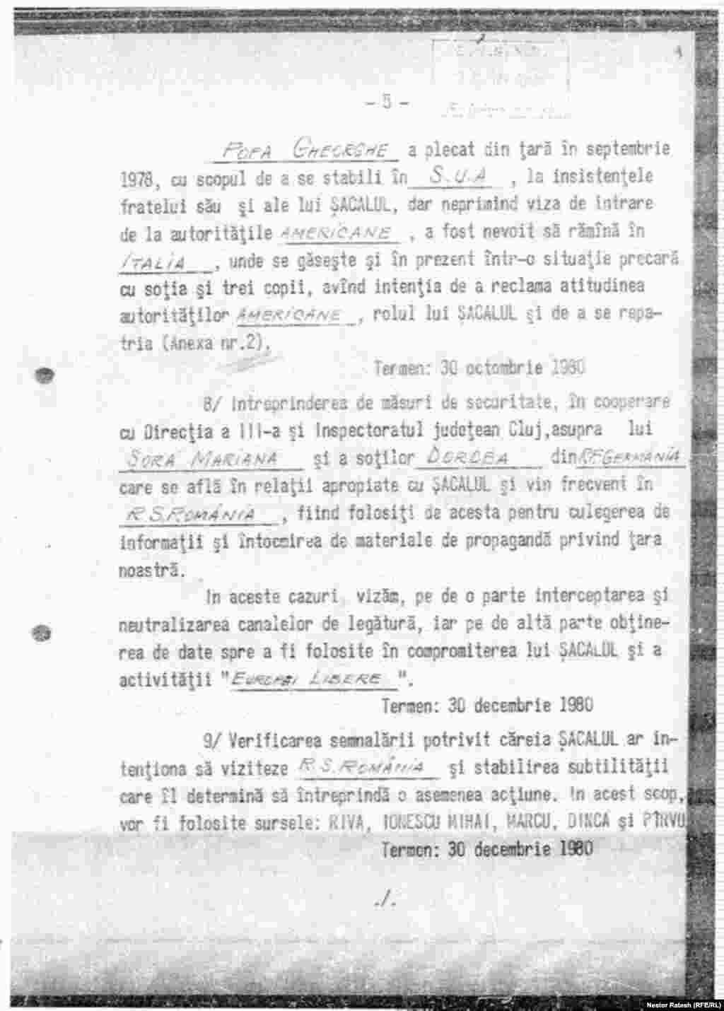 Romania, former Securitate document detailing violent measures to be taken in the 1980s against RFE/RL&#39;s Romanian department director at the time Noel Bernard, 5nd page