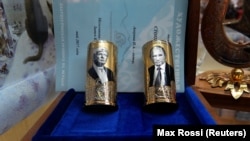 Souvenirs depicting Putin and Trump on sale at the airport in St. Petersburg earlier this month.