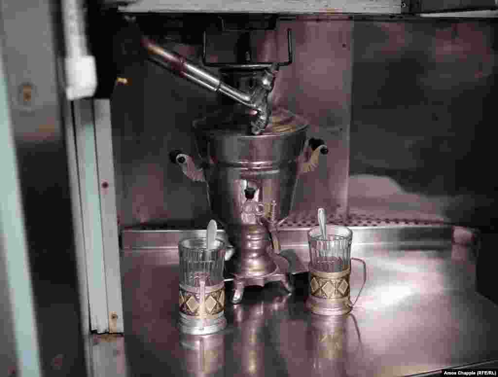This samovar was fixed in place to reduce the risk of a more modern electric kettle being dropped and wreaking havoc on delicate electronics.