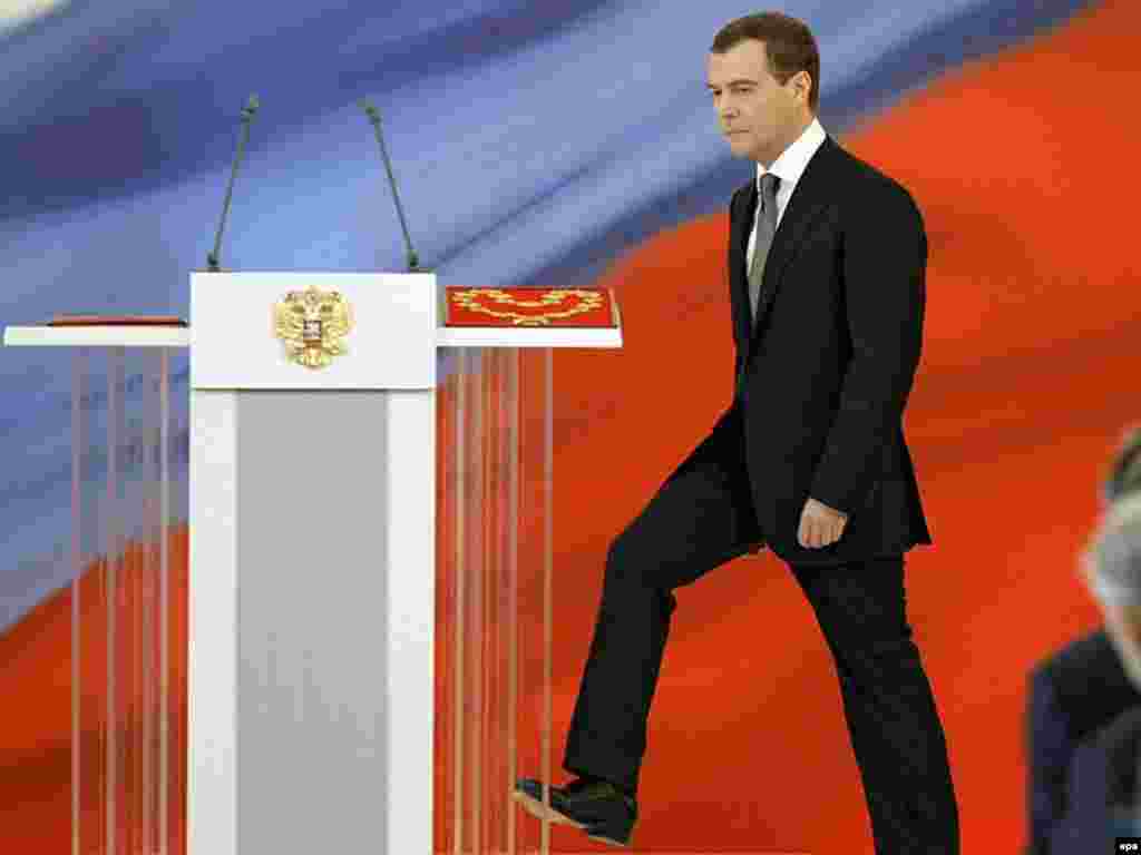 Russian President Dmitry Medvedev is inaugurated. - Newly elected Russian President Dmitry Medvedev walks to read an oath during his inauguration in the Kremlin, Moscow, Russia, 07 May 2008. Dmitry Medvedev was elected a new Russian President 02 March 2008