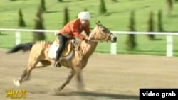 A screen grab of Berdymukhammedov during the race in Ashgabat on April 28. 