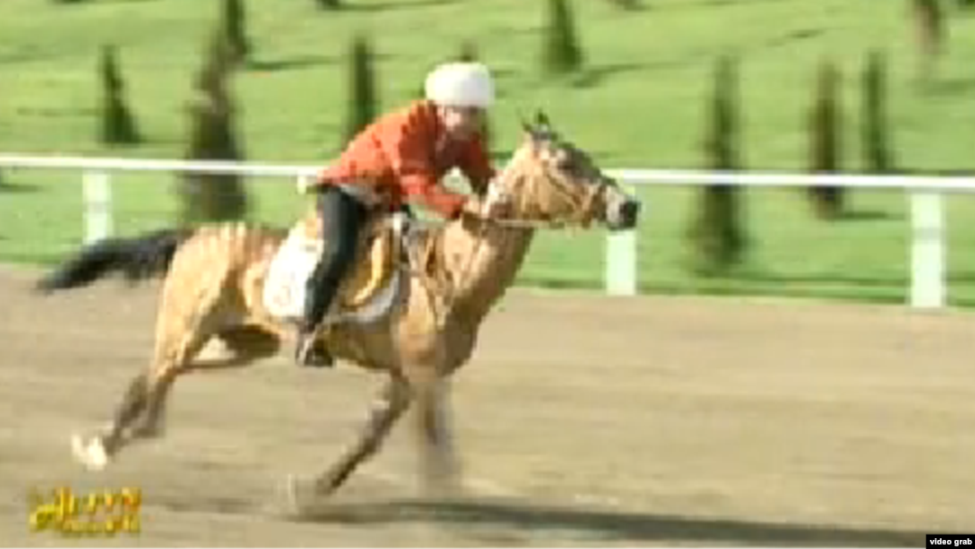 A screen grab of Berdymukhammedov during the race in Ashgabat on April 28. 