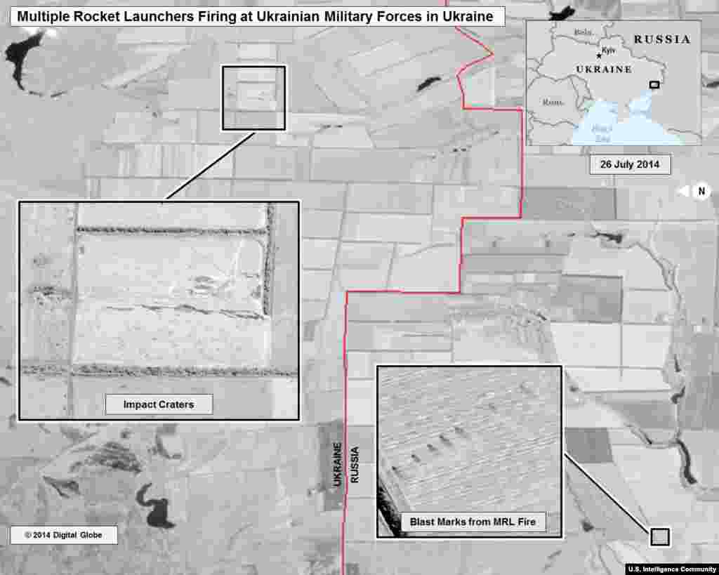 Multiple Rocket Launcher Strikes Within Ukraine - July 25-26. From the U.S. Director of National Intelligence: This slide shows ground scarring at a multiple rocket launch site on the Russian side of the border oriented in the direction of Ukrainian military units within Ukraine. The wide area of impacts near the Ukrainian military units indicates fire from multiple rocket launchers.